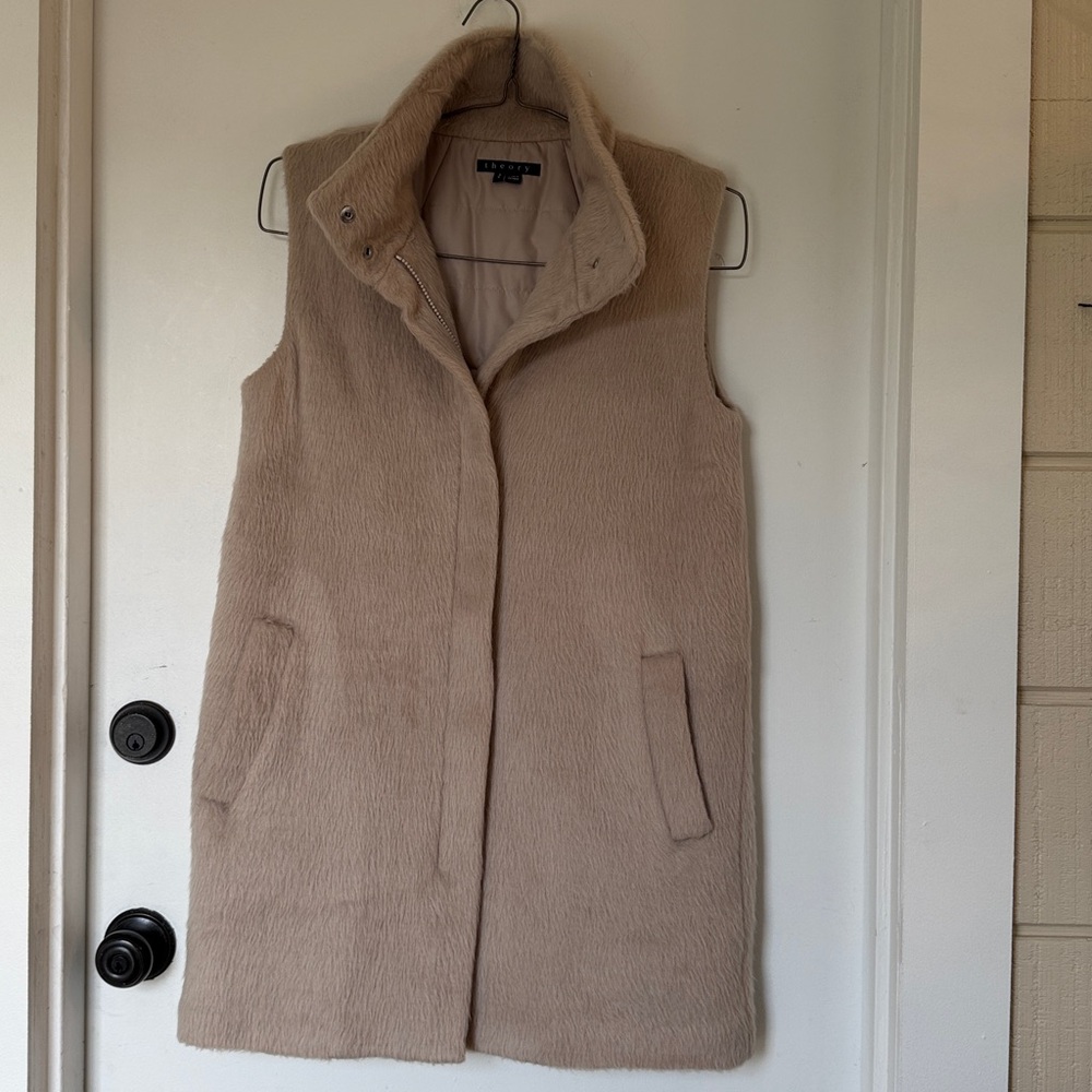 THEORY Long Faux Fur Vest stand collar taupe tan small - Picture 2 of 7